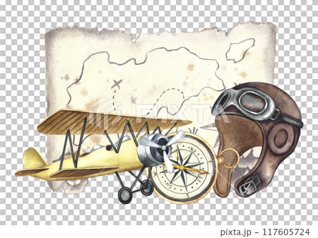 A vintage retro airplane, an old pilot's helmet, a compass and an antique map. The illustration is made by hand in watercolor. The composition is made in the retro flight style. A vintage retro airplane, an old pilot's helmet, a compass and an antique map. The illustration is made by hand in watercolor. The composition is made in the retro flight style. 117605724