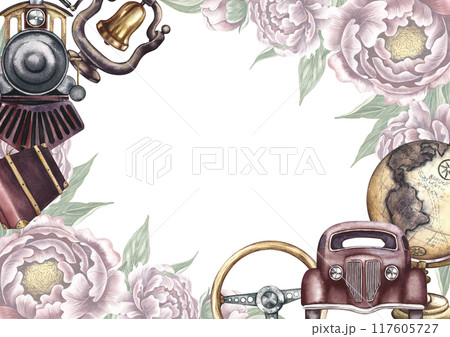 Vintage travel frame featuring a retro car, globe, steam train, suitcase and flowers. A retro-style journey. A watercolor illustration made by hand. For postcards and banners, flyers, posters, prints. Vintage travel frame featuring a retro car, globe, steam train, suitcase and flowers. A retro-style journey. A watercolor illustration made by hand. For postcards and banners, flyers, posters, prints. 117605727