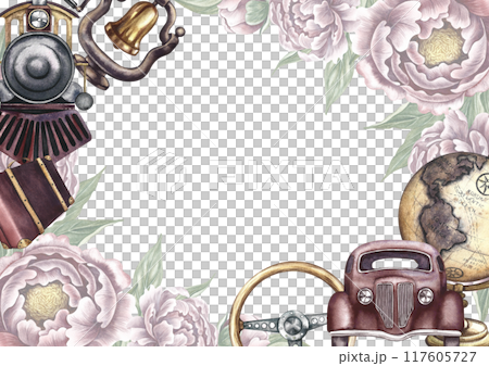 Vintage travel frame featuring a retro car, globe, steam train, suitcase and flowers. A retro-style journey. A watercolor illustration made by hand. For postcards and banners, flyers, posters, prints. Vintage travel frame featuring a retro car, globe, steam train, suitcase and flowers. A retro-style journey. A watercolor illustration made by hand. For postcards and banners, flyers, posters, prints. 117605727