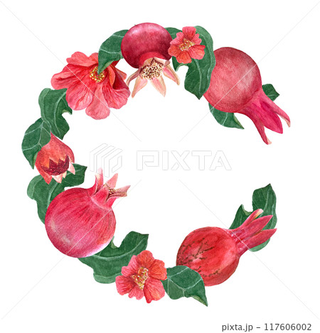 Pomegranate fruits, flowers and green leafs watercolor wreath isolated on white. The hand-painted high quality vibrant art is ideal for botanical prints, cards, floral tea packages, posters and 117606002