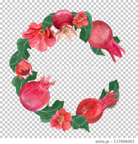 Pomegranate fruits, flowers and green leafs watercolor wreath isolated on white. The hand-painted high quality vibrant art is ideal for botanical prints, cards, floral tea packages, posters and 117606002