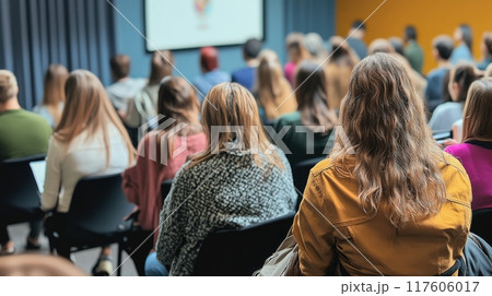 Audience attending a conference in a modern lecture hall 117606017