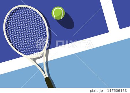 Lawn tennis racket lies near ball on tennis court, top view, tennis tournament poster, vector Lawn tennis racket lies near ball on tennis court, top view, tennis tournament poster, vector 117606188