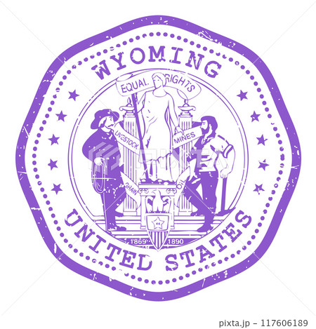 Wyoming state stamp with seal, USA travel stamp, shabby postmark of Wyoming, vector Wyoming state stamp with seal, USA travel stamp, shabby postmark of Wyoming, vector 117606189