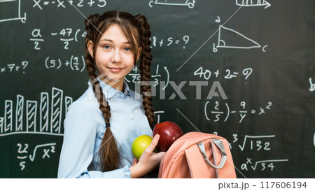Schoolgirl girl in bright everyday moments of school life in the classroom near the blackboard 117606194