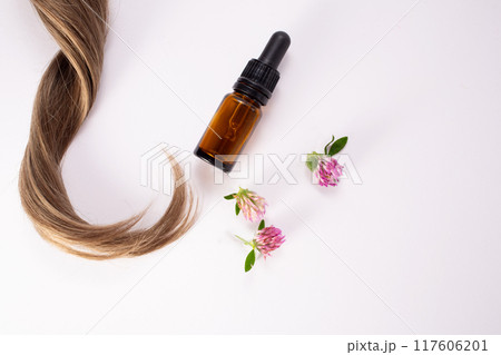 Clover flowers, hair and essential oil on white background. Hair treatment concept. Flat lay. Copy space 117606201