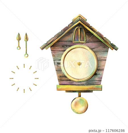 Wall clock with cuckoo, dial and hands, pendulum, wooden, antique, brown with gold details. Watercolor illustration hand-drawn. Set of elements isolated from the background 117606286