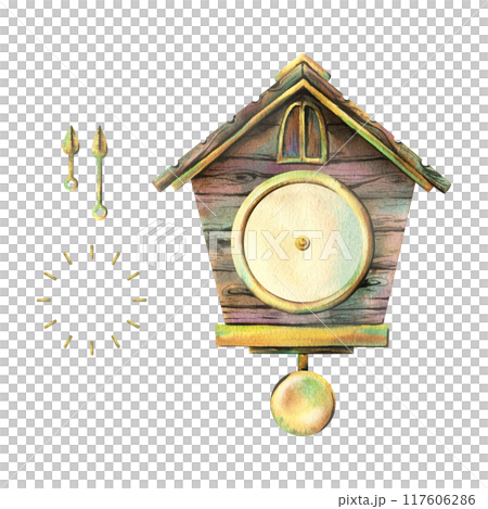 Wall clock with cuckoo, dial and hands, pendulum, wooden, antique, brown with gold details. Watercolor illustration hand-drawn. Set of elements isolated from the background 117606286