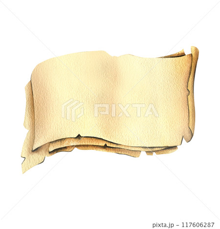 Sheets of paper, papyrus, brown beige color old several pieces in a stack. Watercolor illustration hand drawn. Individual element isolated from the background 117606287