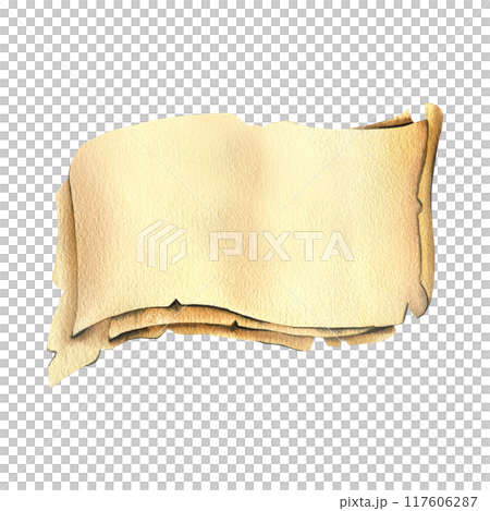 Sheets of paper, papyrus, brown beige color old several pieces in a stack. Watercolor illustration hand drawn. Individual element isolated from the background 117606287