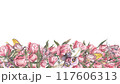 Seamless border pink peony flower, butterfly isolated white background. Watercolor hand drawn illustration. Art design 117606313