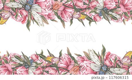 Seamless border peony flower, cicada, butterfly isolated white background. Watercolor hand draw illustration. Art design 117606315
