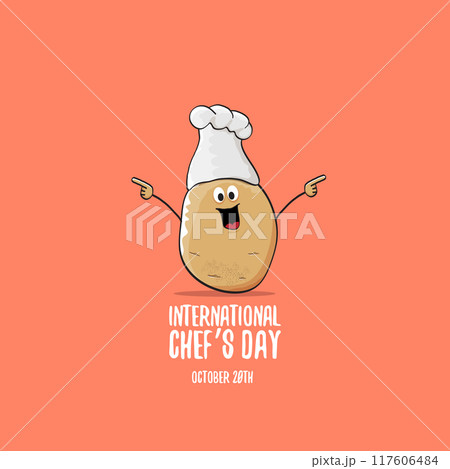 International chef day vector greeting card. vector funny cartoon tiny brown smiling chef potato with hat isolated on peach color background. Potato character 117606484
