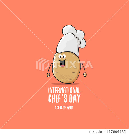 International chef day vector greeting card. vector funny cartoon tiny brown smiling chef potato with hat isolated on peach color background. Potato character 117606485