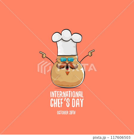 International chef day vector greeting card. vector funny cartoon tiny brown smiling chef potato with hat isolated on peach color background. Potato character International chef day vector greeting card. vector funny cartoon tiny brown smiling chef potato with hat isolated on peach color background. Potato character 117606503