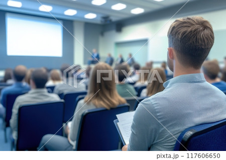 Audience attending a professional seminar in a conference hall 117606650