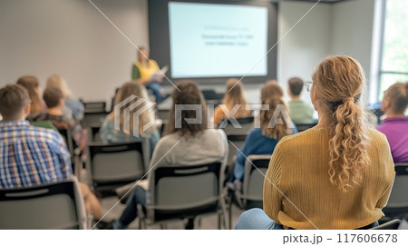 People attending an educational presentation in a modern classroom setting 117606678
