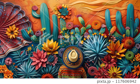 Hispanic Heritage month background. Back view of a man wearing a sombrero hat is watching a wall art of cactus and desert in high relief art style. AI generated. 117606942