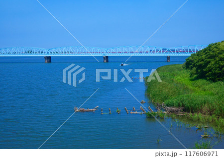 阿賀野川に架かる泰平橋　グルメ列車　海里　車窓　新潟市 117606971