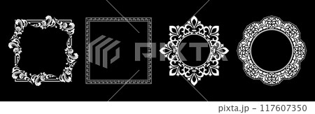 Set of decorative frames Elegant vector element for design in Eastern style, place for text. Floral black and white borders. Lace illustration for invitations and greeting cards. 117607350