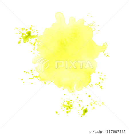 Watercolor splash backdrop template. Abstract stains texture design element in lemon yellow color. Refreshing hand painted ink spill background for invitation, save the date, wedding, postcard, quotes 117607385