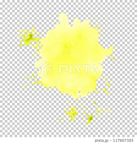 Watercolor splash backdrop template. Abstract stains texture design element in lemon yellow color. Refreshing hand painted ink spill background for invitation, save the date, wedding, postcard, quotes 117607385