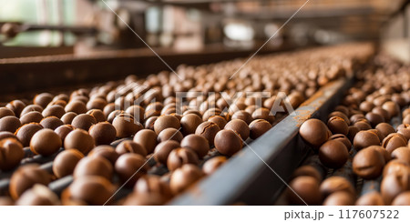 Fresh Macadamia Nuts on Conveyor Belt in Industrial Processing Facility, AI-generated item 117607522