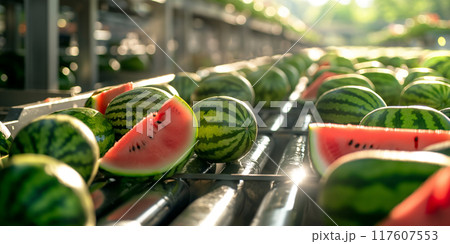 Fresh Watermelons on Conveyor Belt in Sunlit Industrial Setting, AI-generated item 117607553