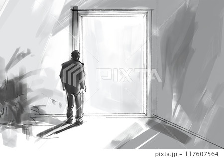 Solitude and Reflection Man Standing Alone in Dark Room with Open Doorway, AI-generated item 117607564