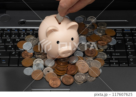 ノートパソコンと豚の貯金箱と右手で貯金 117607625