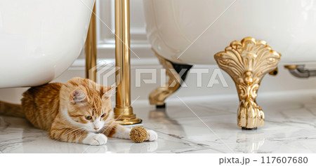 Luxury Bathroom with Playful Cat and Golden Details on Marble Floor, AI-generated item 117607680