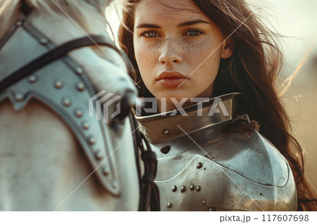 Medieval Woman Warrior in Armor with Horse in Countryside Setting, AI-generated item 117607698