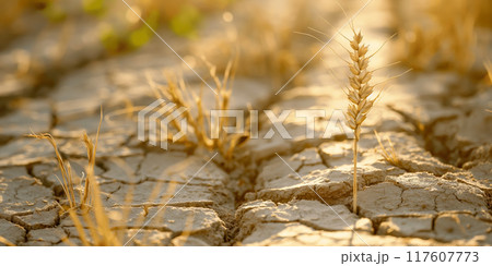 Wheat Growing on Dry Cracked Earth Highlighting Drought and Resilience in Agriculture, AI-generated item Wheat Growing on Dry Cracked Earth Highlighting Drought and Resilience in Agriculture, AI-generated item 117607773