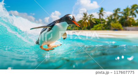 Gentoo Penguin Surfing Crystal Clear Wave Near Tropical Beach on Sunny Day, AI-generated item 117607775