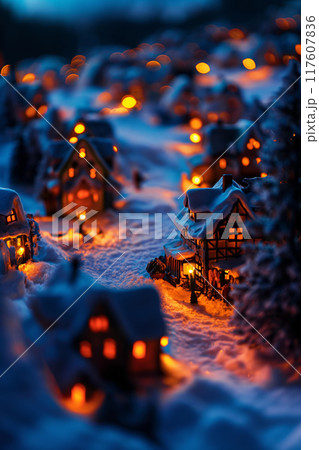 Festive Winter Village at Night with Snow Covered Houses and Warm Glowing Lights, AI-generated item 117607836