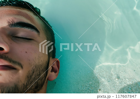 Close Up of Relaxed Man Floating in Crystal Clear Water at Beach, AI-generated item 117607847
