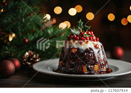 Traditional British Christmas pudding with christmas decoration and blurred light background. Copy space. Ai generative 117607914