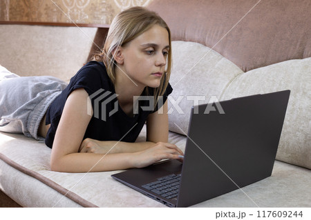 Young woman uses laptop while lying on sofa on her stomach, computer technology for working and studying from home, distance learning and performing work duties Young woman uses laptop while lying on sofa on her stomach, computer technology for working and studying from home, distance learning and performing work duties 117609244