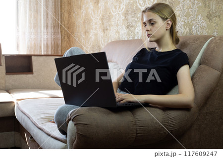 Young woman is deeply focused on her laptop while comfortably relaxing on stylish sofa in modern living room Young woman is deeply focused on her laptop while comfortably relaxing on stylish sofa in modern living room 117609247