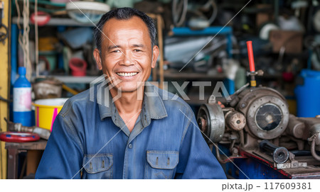 Smiling Mechanic In Workshop 117609381