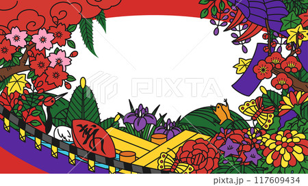 花札の各月の花と役が入った背景イラスト_16:9 117609434