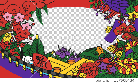 包含花札每個月的花和角色的背景圖_16:9 117609434