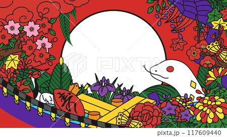 花札の各月の花と役が入った蛇年のための背景イラスト_16:9 117609440