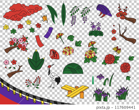 Illustration set of flowers and roles for each month of Hanafuda 117609441