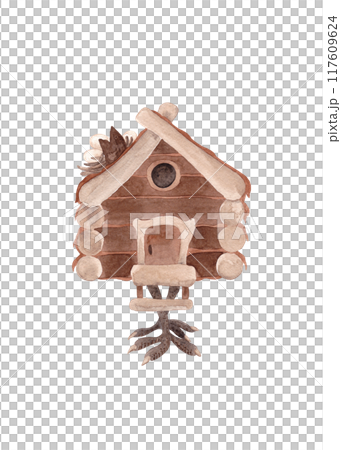 Hut on chicken legs. Fairytale house of Baba Yaga. Good witch. Watercolor isolated illustrations for Halloween Hut on chicken legs. Fairytale house of Baba Yaga. Good witch. Watercolor isolated illustrations for Halloween 117609624
