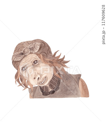 Baba Yaga. Cartoon character of a good witch. Grandma's portrait. Watercolor isolated illustrations for Halloween 117609628