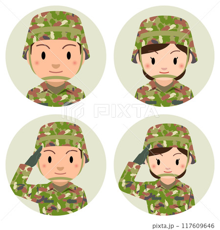 自衛隊　ヘルメットを被った男性と女性自衛官のアイコンイラスト 117609646