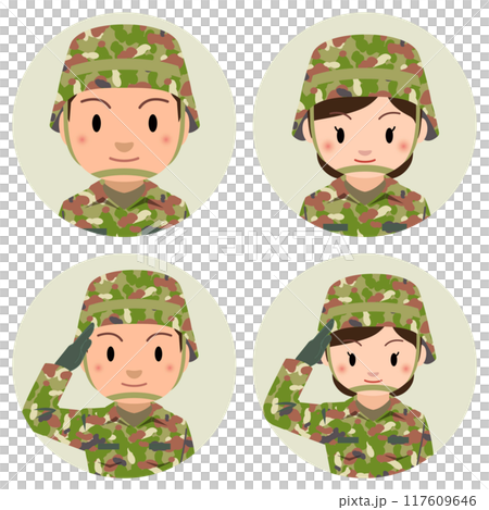 自衛隊　ヘルメットを被った男性と女性自衛官のアイコンイラスト 117609646