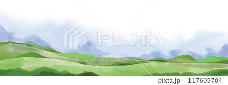 Watercolor minimal landscape, vector painting horizontal nature view, green ink field illustration.  117609704