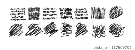 Ink brush stroke scribble, handwriting vector doodle squiggle set, messy black crayon line swirl.  117609705